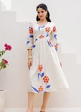 White Kota Cotton Floral Digital Printed Fit And Flare Dress
