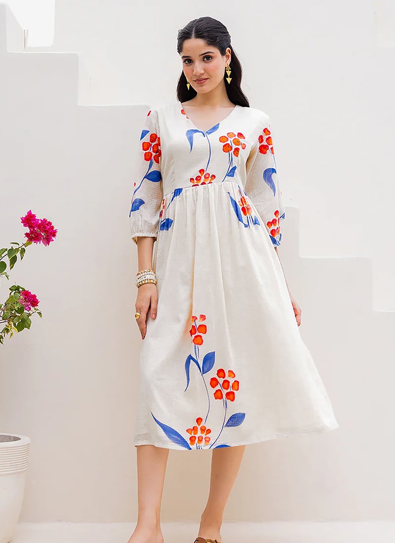 White Kota Cotton Floral Digital Printed Fit And Flare Dress After Six Wear
