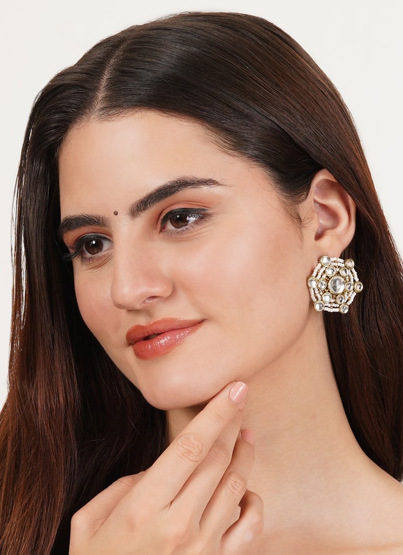 White Kundan And Beads Studs Festive Wear