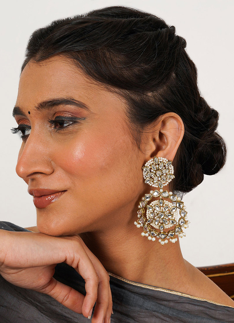 White Kundan And Beads Chandeliers