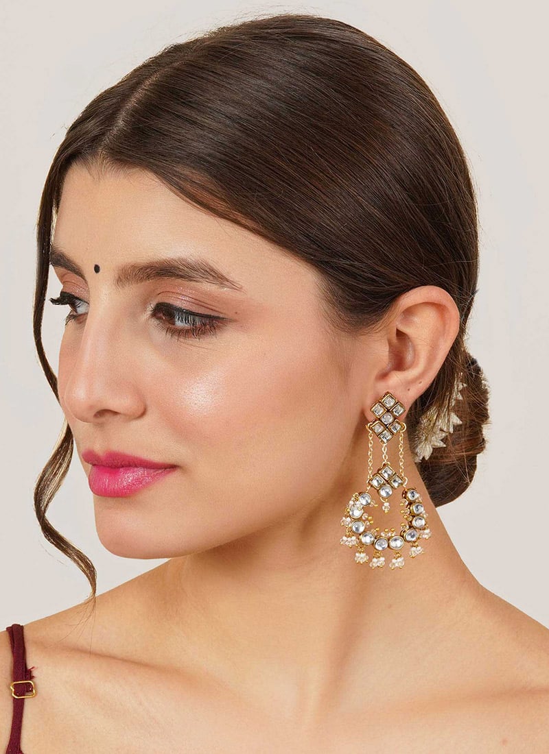 White Kundan And Beads Danglers