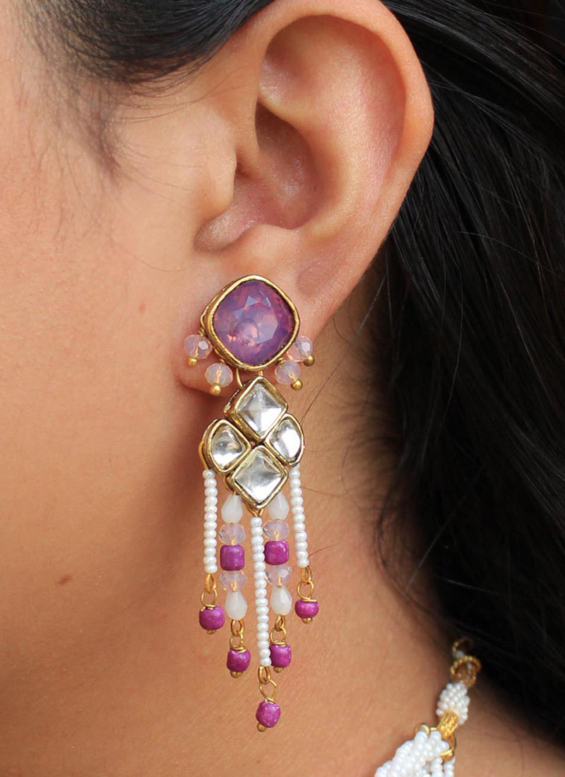White Kundan And Beads Danglers Festive Wear