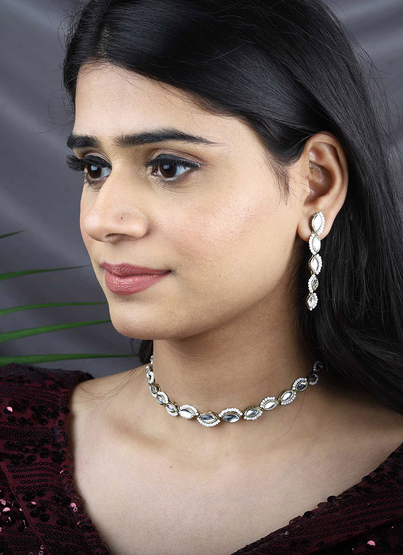 White Kundan And Beads Danglers Festive Wear