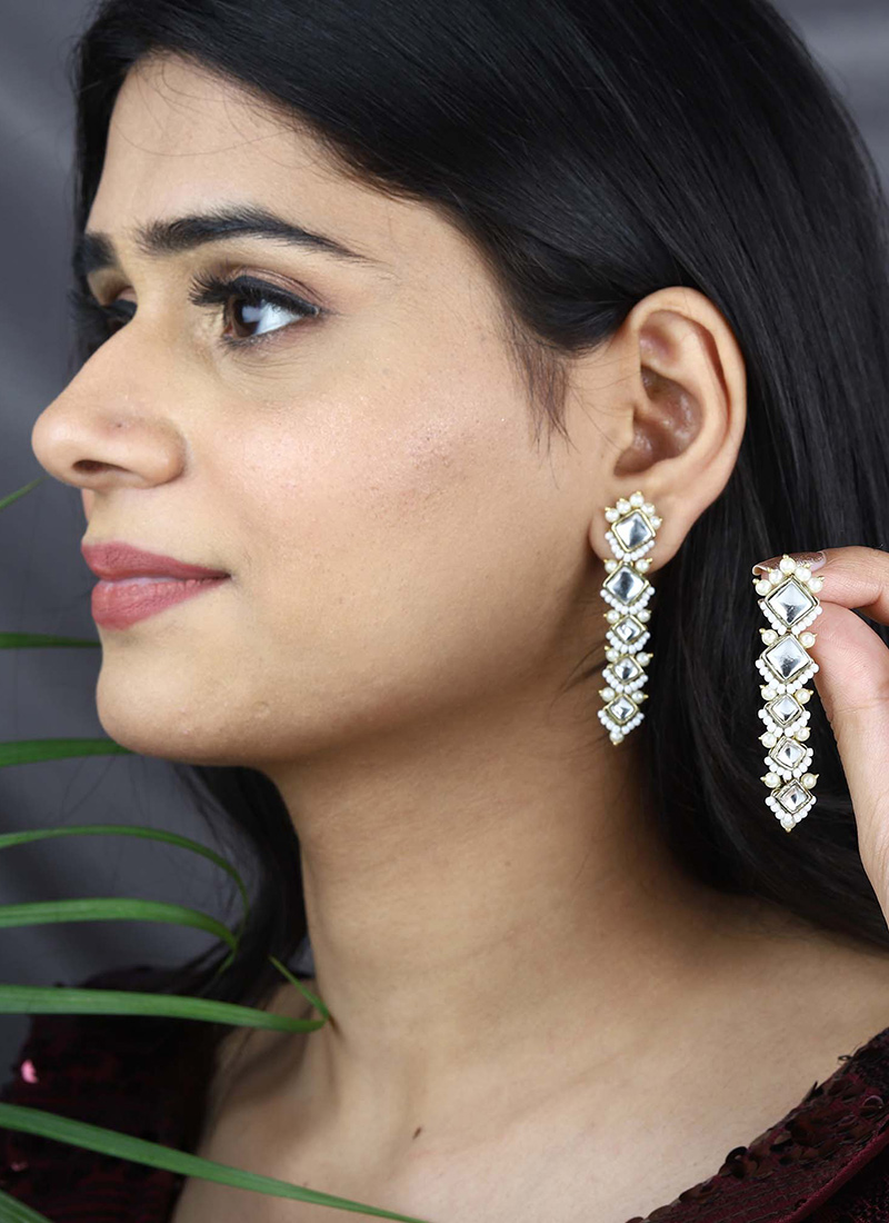 White Kundan And Beads Danglers Festive Wear