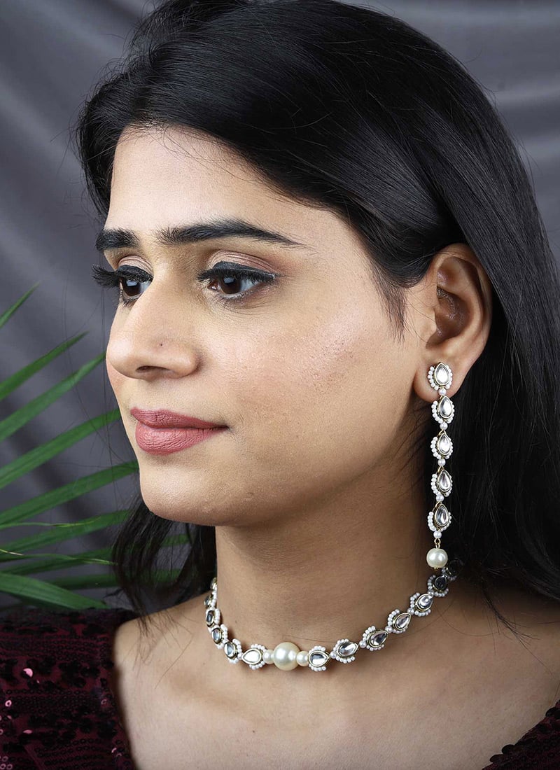 White Kundan And Beads Danglers Festive Wear