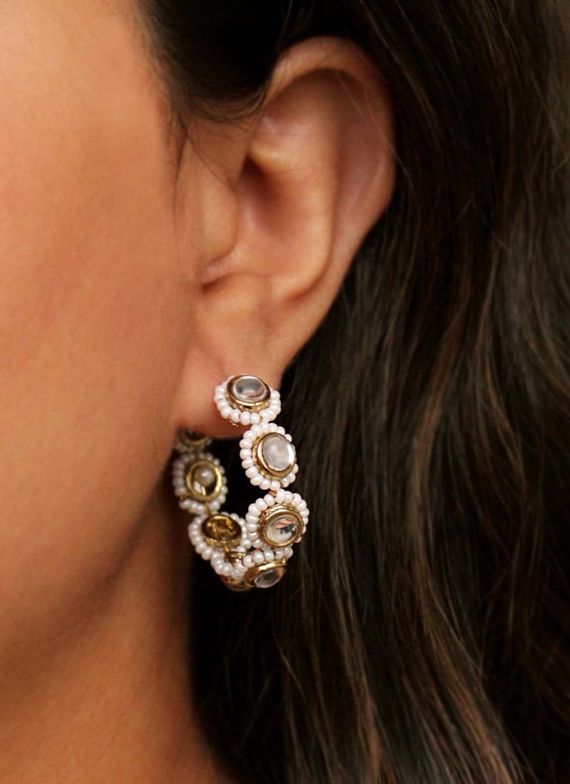 White Kundan And Beads Hoops After Six Wear