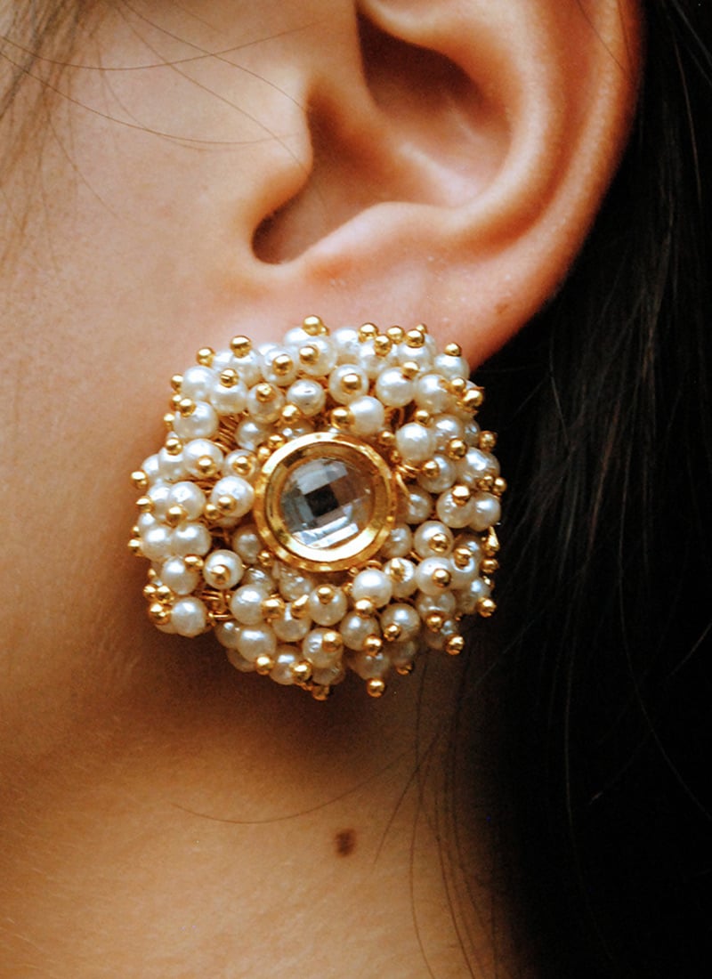 White Kundan And Beads Studs After Six Wear