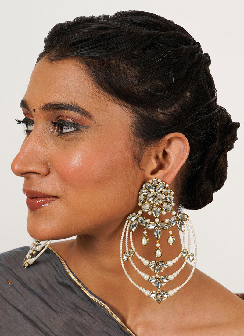 White Kundan And Beads With Moti Chandeliers Festive Wear