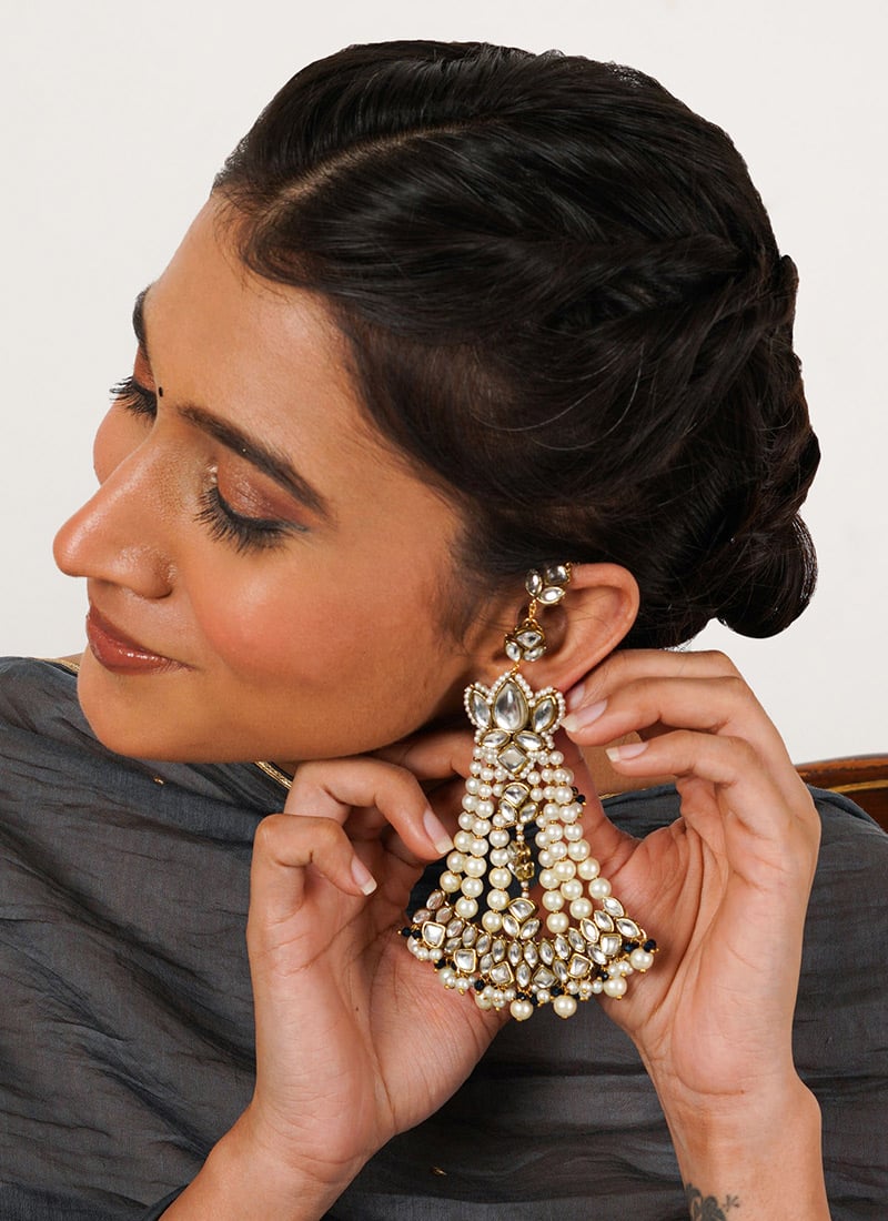 White Kundan And Beads With Moti Chandeliers Festive Wear