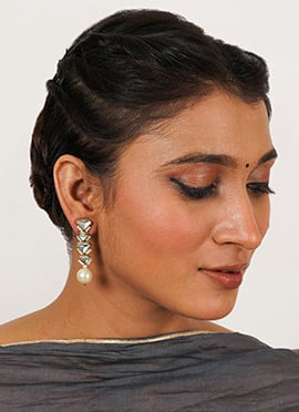 White Kundan And Beads With Moti Danglers