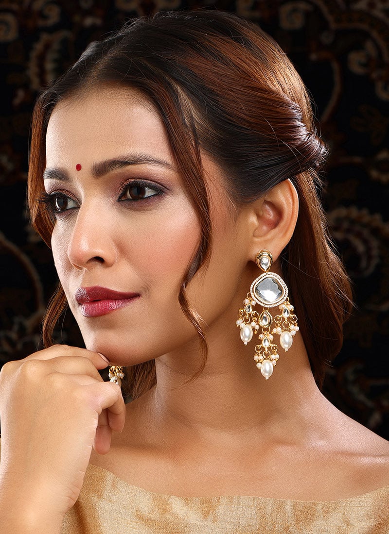 White Kundan And Beads With Stone Work Danglers Wedding Wear