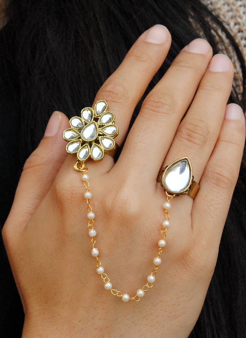White Kundan And Beads Work Ring