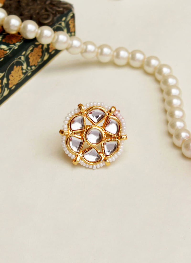 White Kundan And Beads Work Ring
