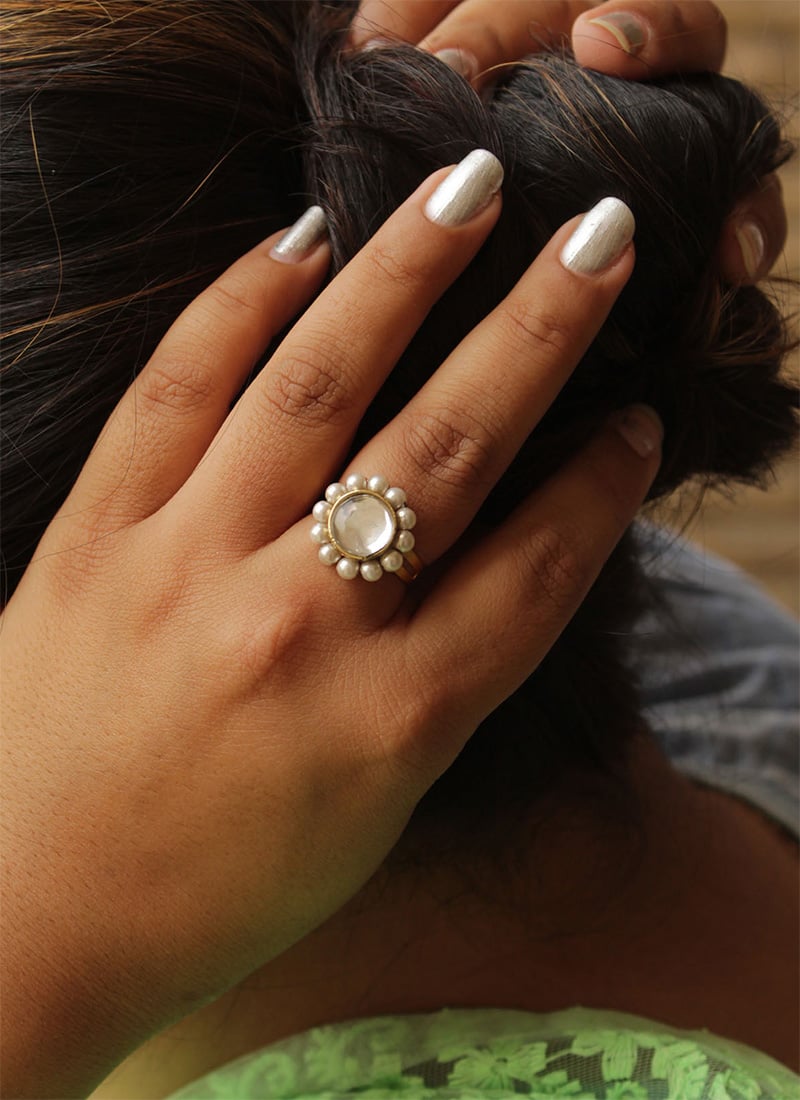 White Kundan And Beads Work Ring Festive Wear