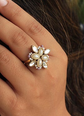 White Kundan And Beads Work Ring