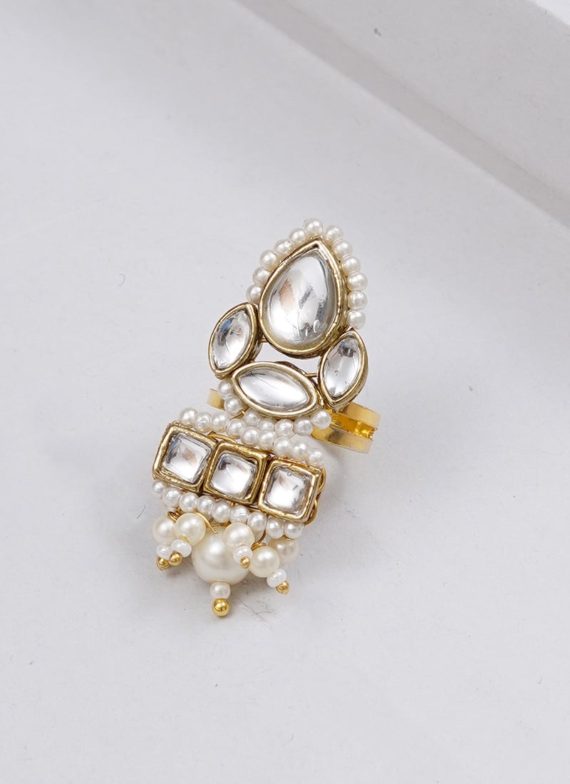 White Kundan And Beads Work Ring