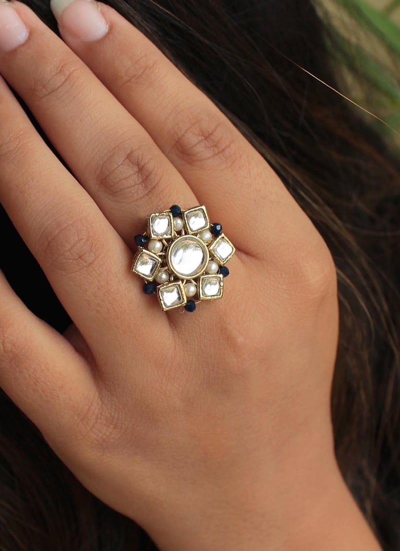 White Kundan And Moti Ring