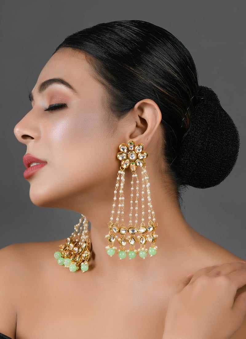 White Kundan And Pearls Danglers Party Wear