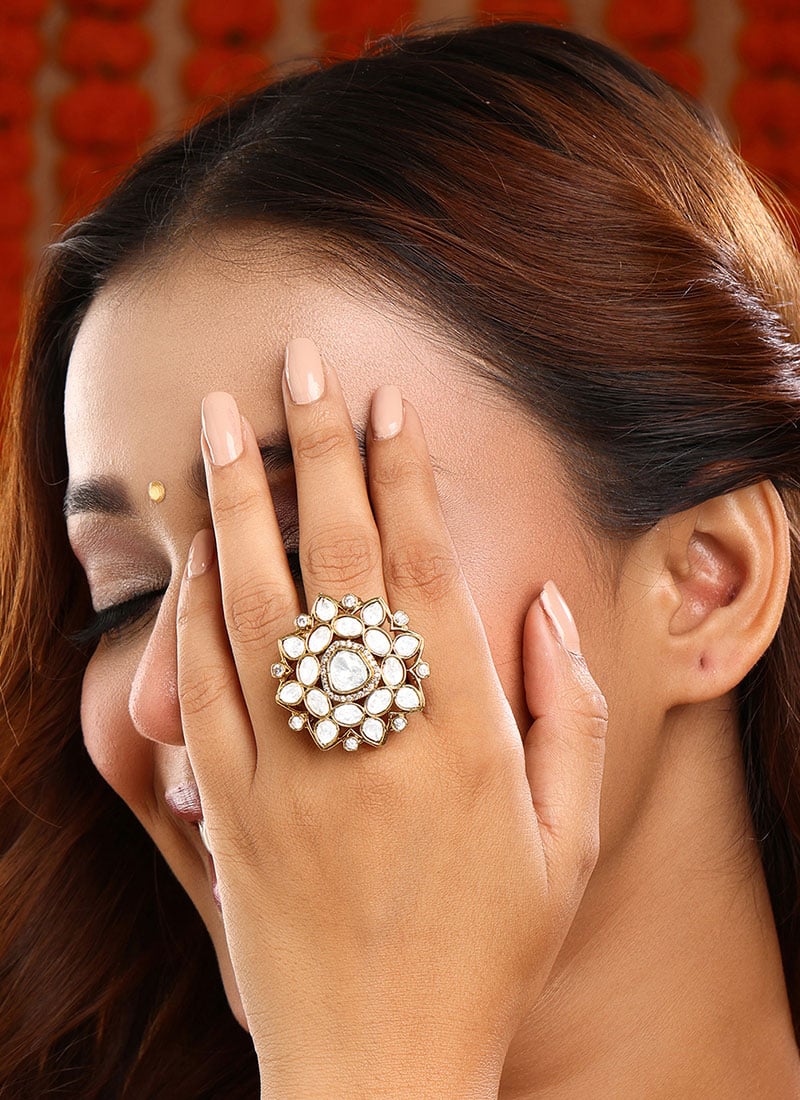 White Kundan And Stone Ring For Women Festive Wear