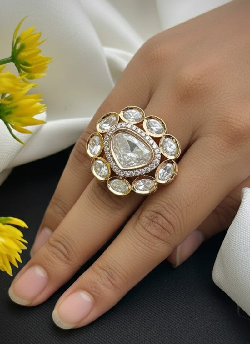 White Kundan And Stone Work Hand Ring For Women Festive Wear