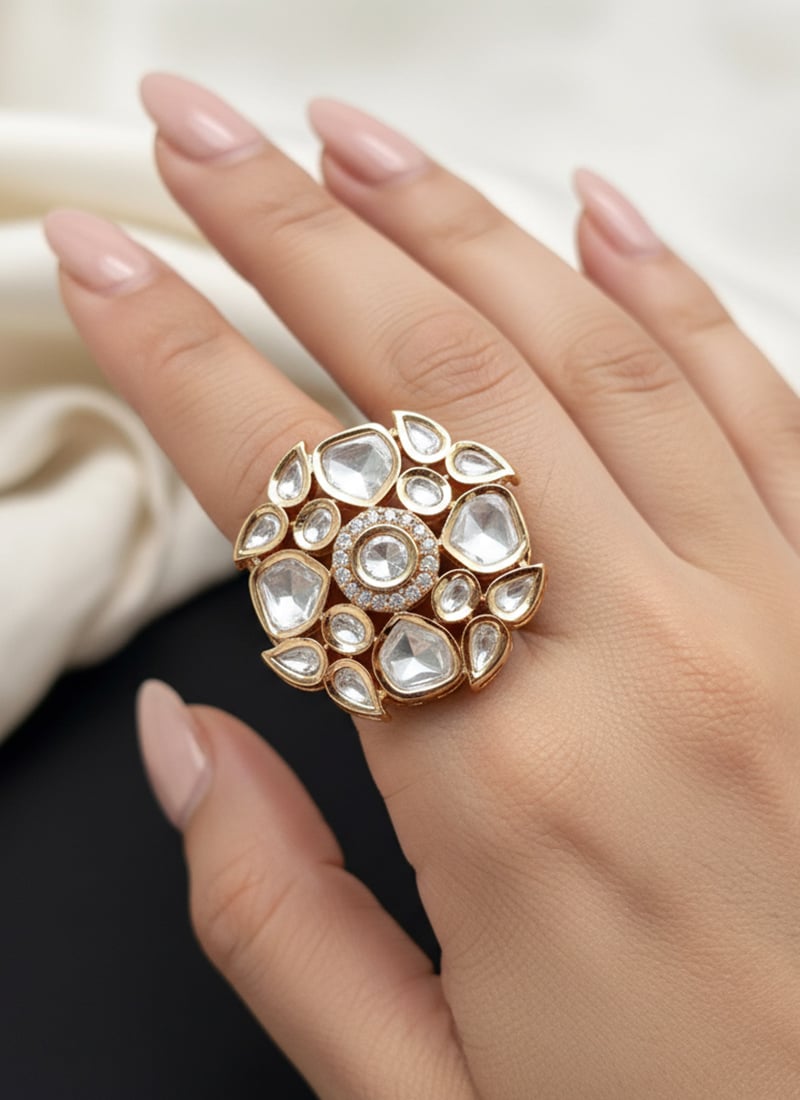 White Kundan And Stone Work Hand Ring For Women Festive Wear