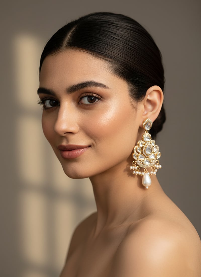 White Kundan And Stones Beads Danglers Festive Wear