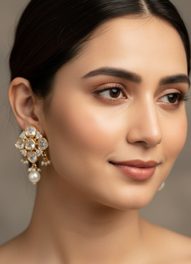 White Kundan And Stones Moti Danglers