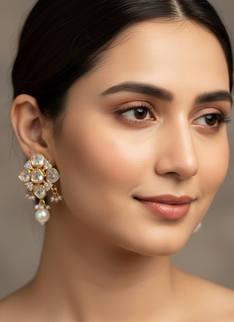 White Kundan And Stones Moti Danglers Festive Wear