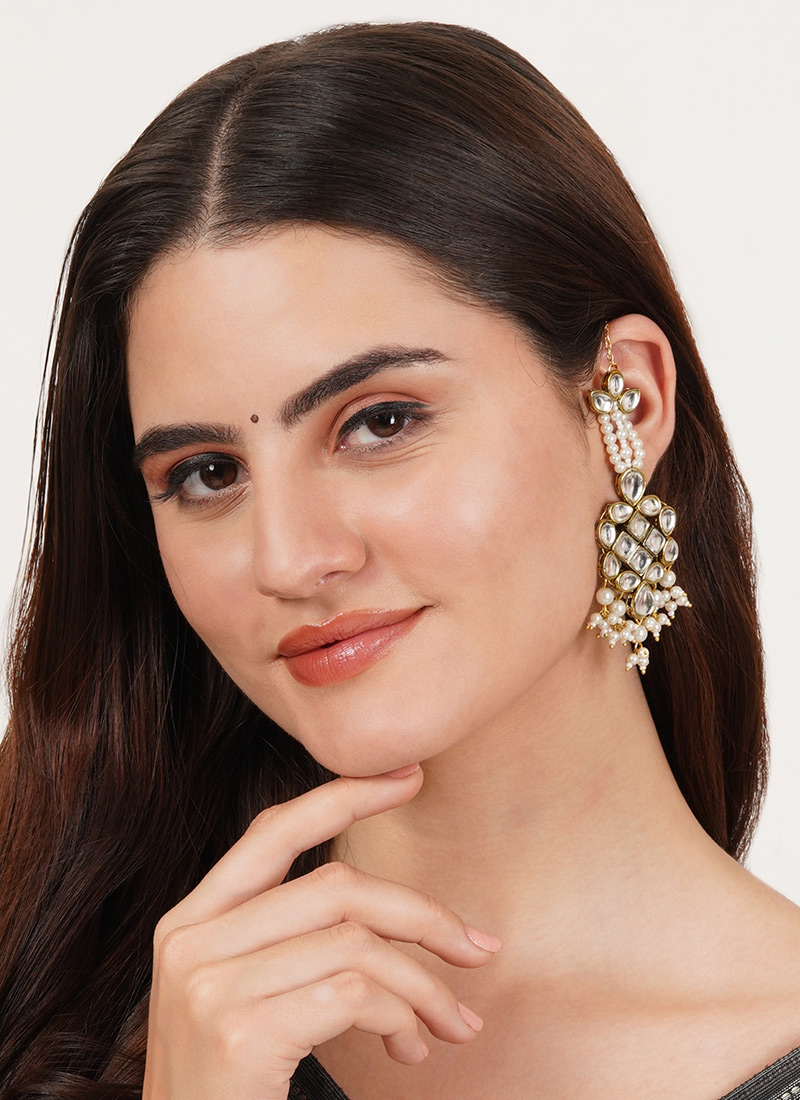 White Kundan Beads Danglers With Kanauti Festive Wear