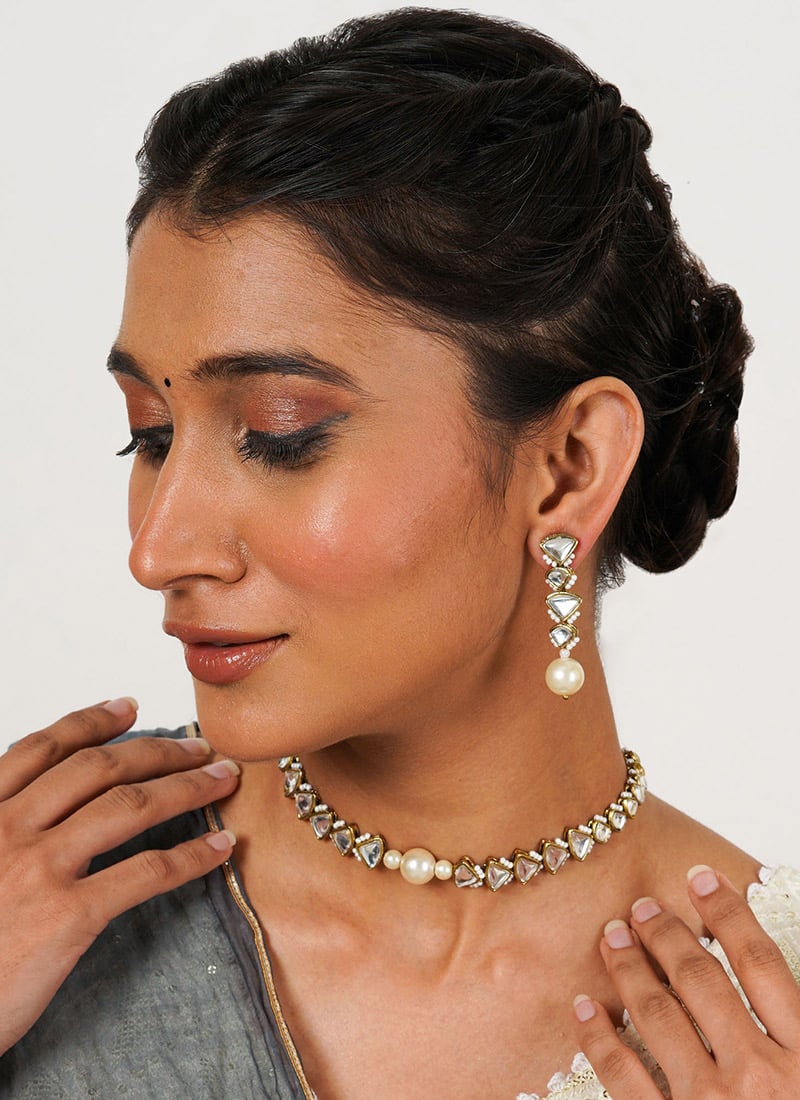 White Kundan Moti And Beads Choker Festive Wear