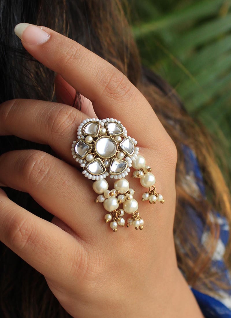 White Kundan Moti And Beads Work Ring Festive Wear