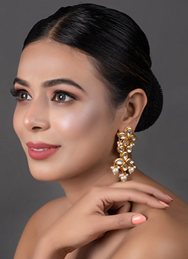 White Kundan N Beads Drops Earrings