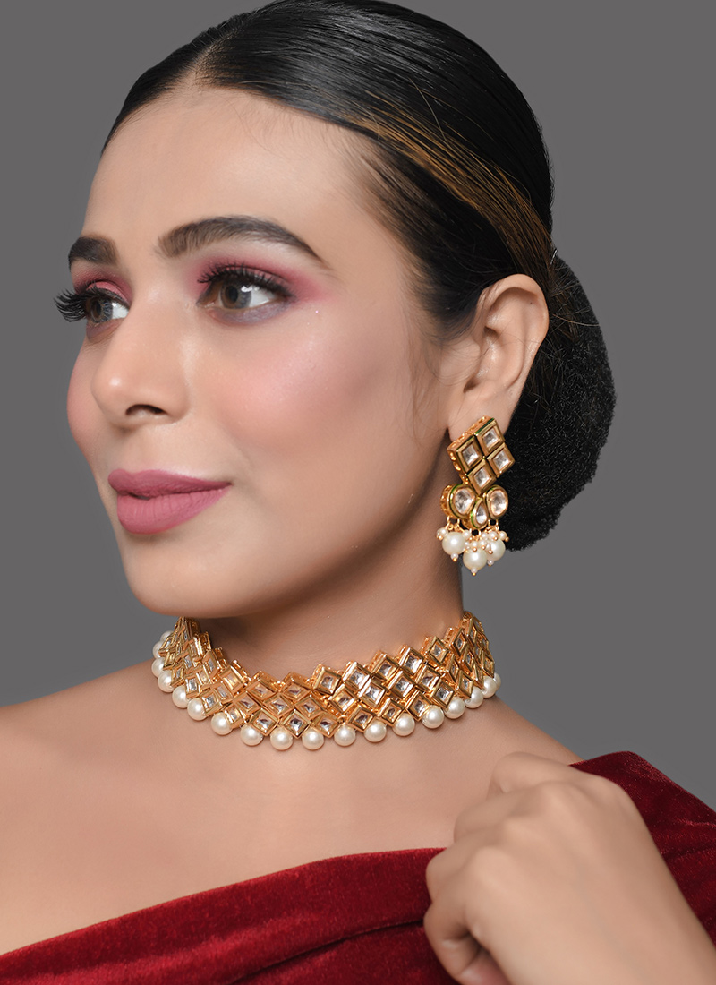 White kundan N Beads Necklace Set Party Wear