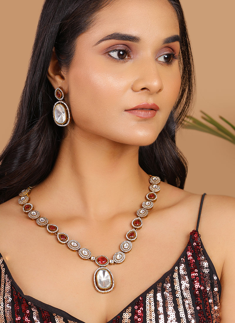 Gold Plated Ruby Pink Kundan Polki Stones Necklace Party Wear