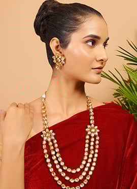 Three Layered Gold Kundan Flower Embossed Necklace