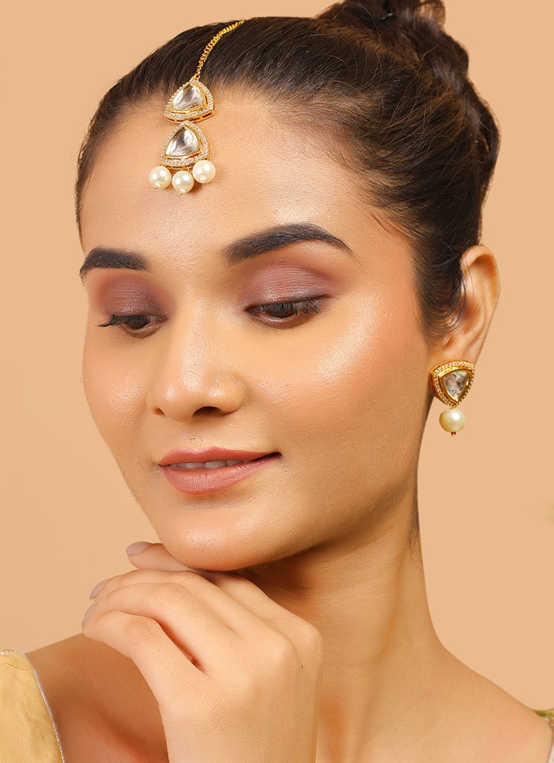 White Kundan Polki With American Diamond Mangtikka Party Wear