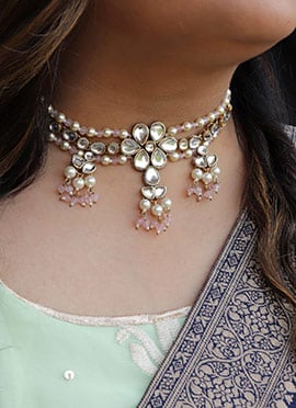 White Kundan With Beads And Mothi Work Choker
