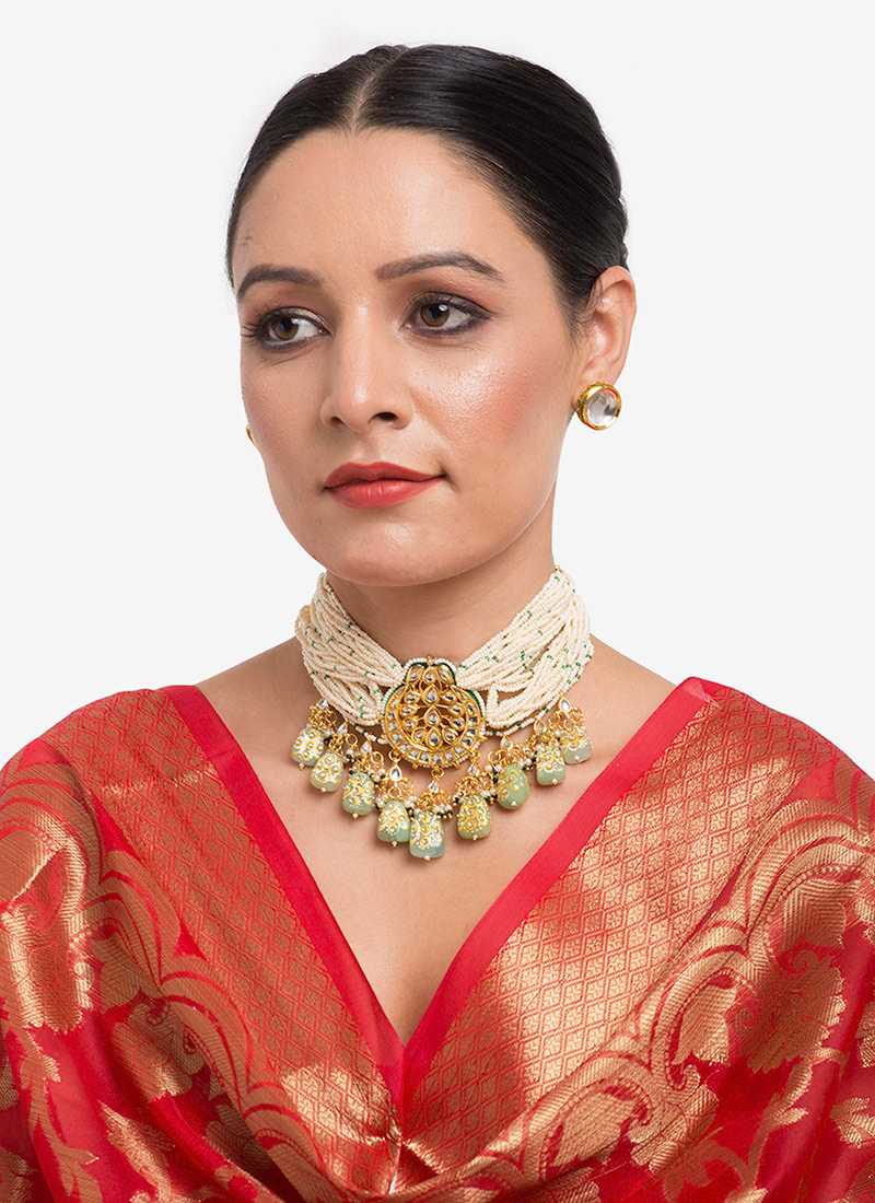 White Kundan With Beads And Moti Choker Wedding Wear
