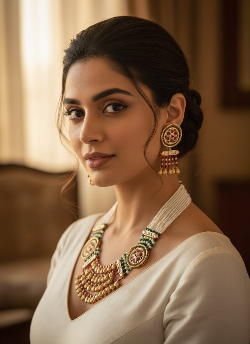 White Kundan With Beads Work Necklace Set Wedding Wear