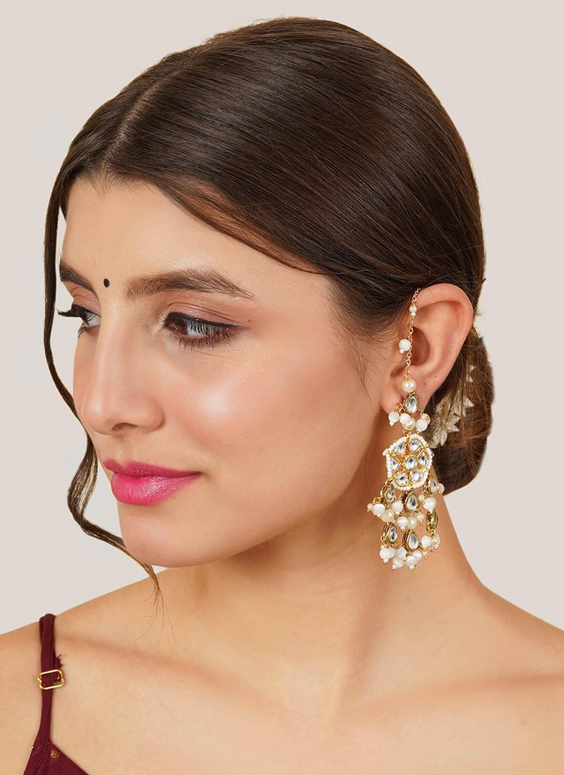 White Kundan With Moti And Beads Danglers After Six Wear