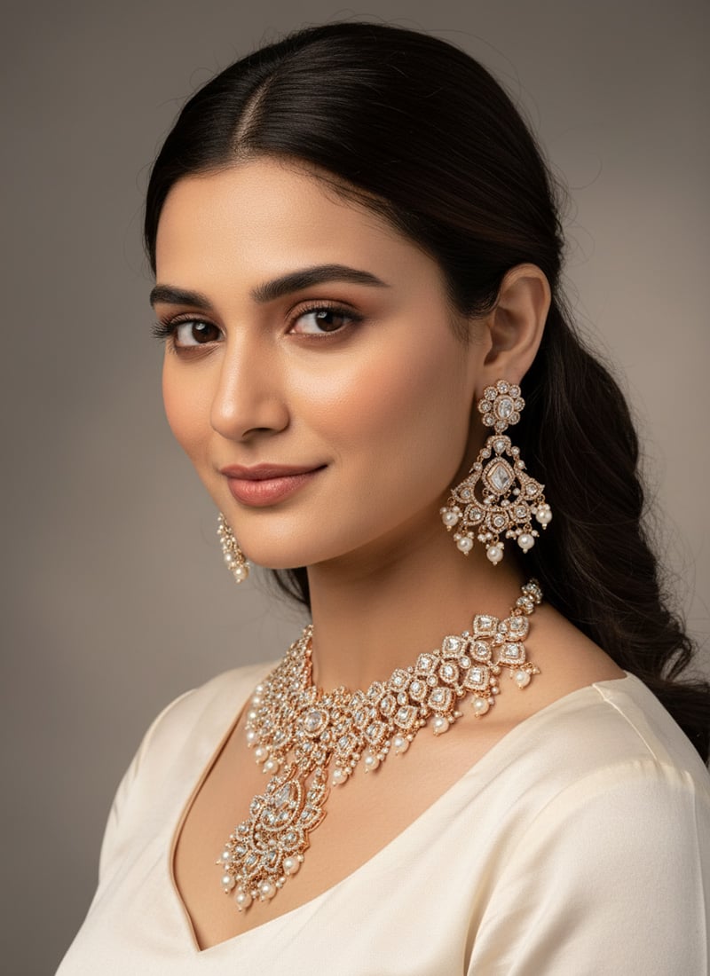 White Kundan With Stone And Moti Work Necklace Set Wedding Wear