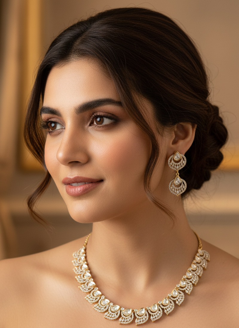 White Kundan With Stone Work Necklace Set Wedding Wear