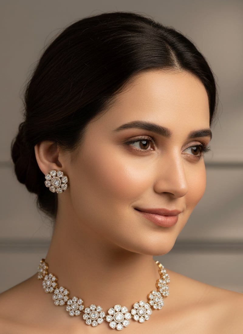 White Kundan With Stone Work Choker Set Wedding Wear