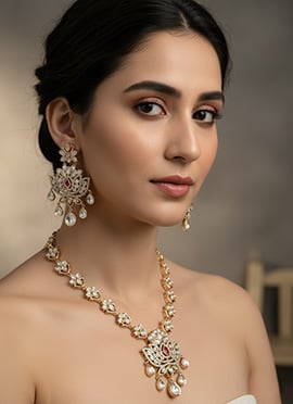White Kundan With Stone Work Necklace Set