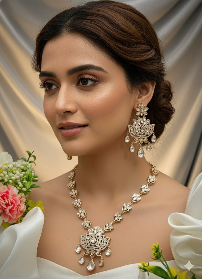 White Kundan With Stone Work Necklace Set Wedding Wear
