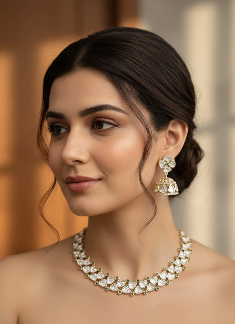 White Kundan With Stone Work Necklace Set Wedding Wear