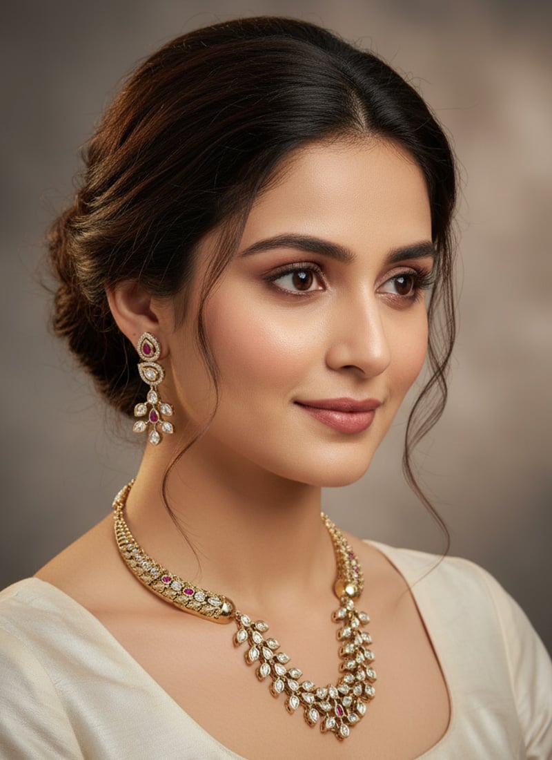 White Kundan With Stone Work Necklace Set Wedding Wear