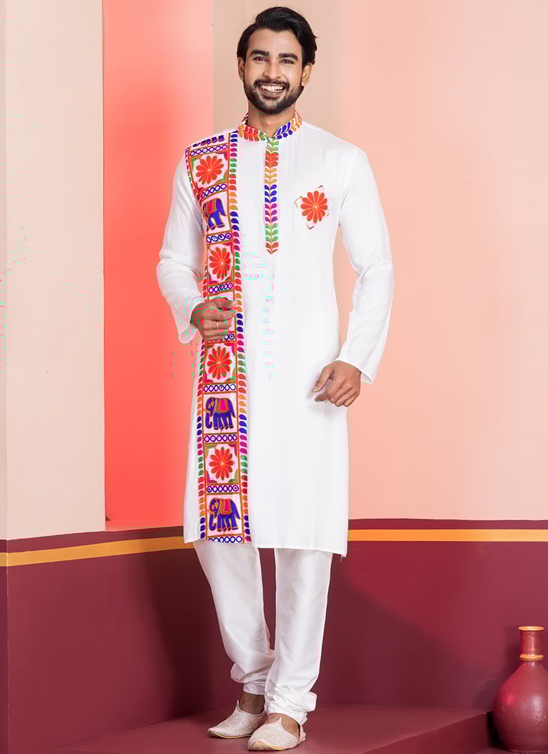 White Kutch Work Kurta Pyjama Festive Wear