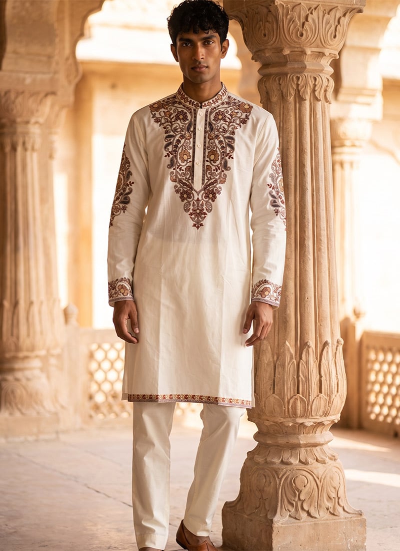 White Lachka Embroidered Kurta Pyjama For Men Festive Wear