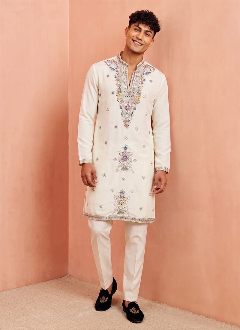 White Lachka Embroidered Kurta Pyjama Wedding Wear